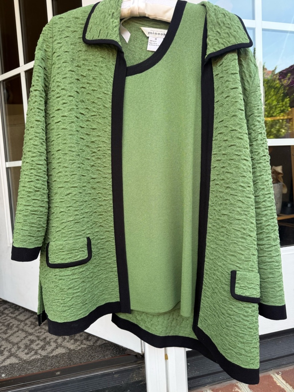 Misook Green Cardigan with Black Trim Open Front